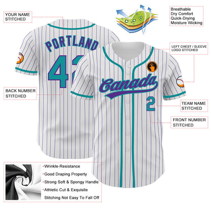 Custom White Purple Pinstripe Teal Authentic Baseball Jersey - Sky-Custom
