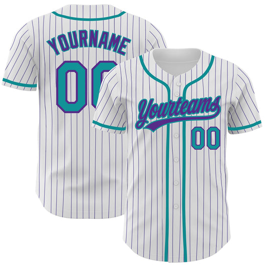 Custom White Purple Pinstripe Teal Authentic Baseball Jersey - Sky-Custom