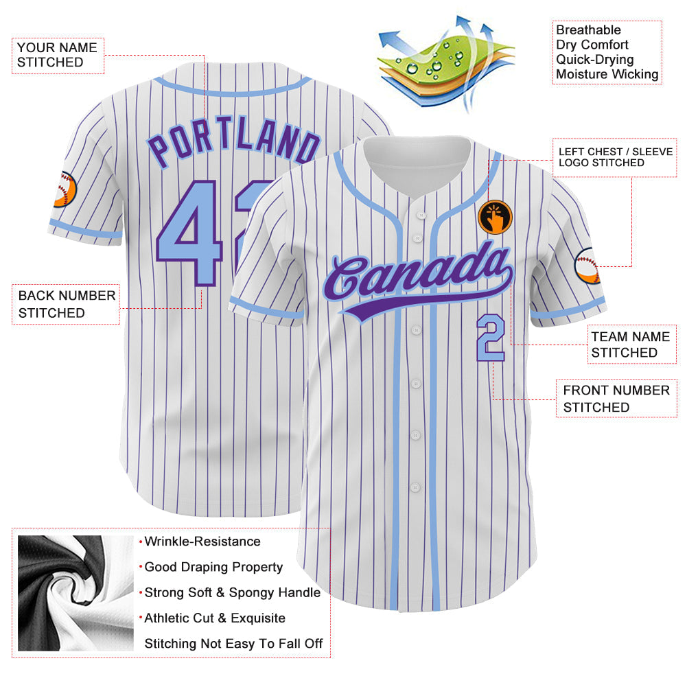 Custom White Purple Pinstripe Light Blue Authentic Baseball Jersey - Sky-Custom