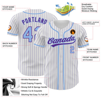 Custom White Purple Pinstripe Light Blue Authentic Baseball Jersey - Sky-Custom