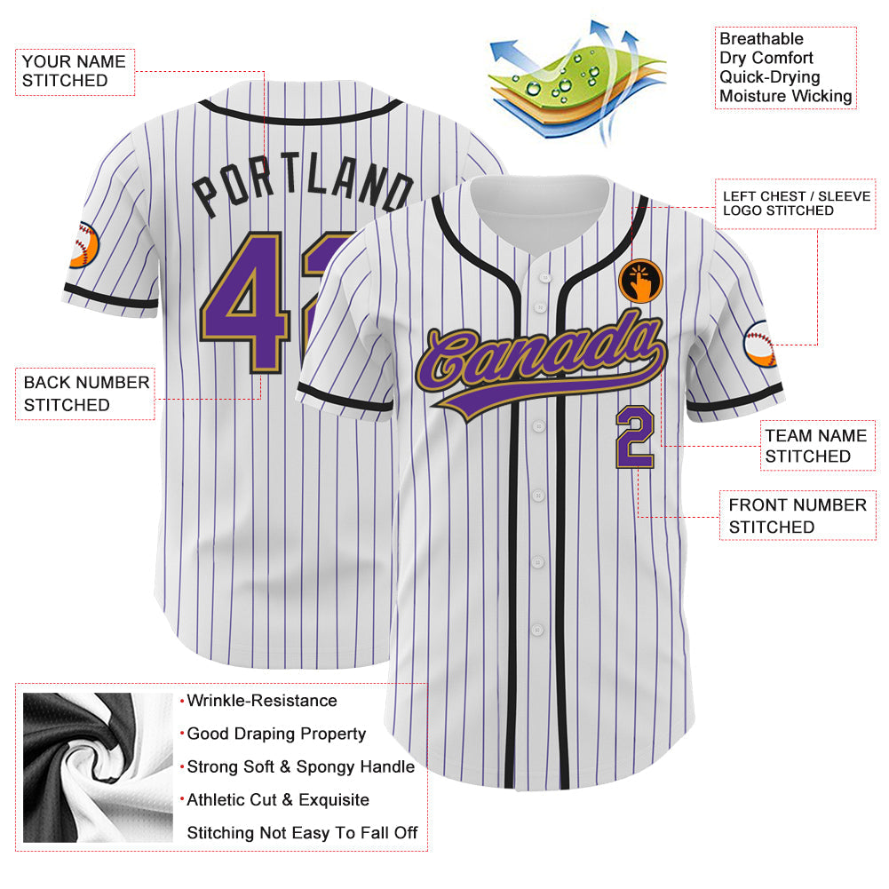 Custom White Purple Pinstripe Purple Old Gold-Black Authentic Baseball Jersey - Sky-Custom