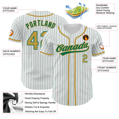Custom White Kelly Green Pinstripe Old Gold Authentic Baseball Jersey - Sky-Custom