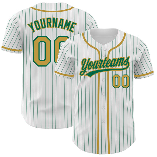 Custom White Kelly Green Pinstripe Old Gold Authentic Baseball Jersey - Sky-Custom