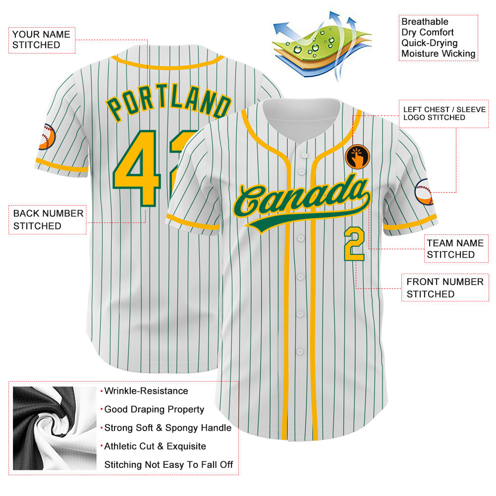 Custom White Kelly Green Pinstripe Gold Authentic Baseball Jersey - Sky-Custom