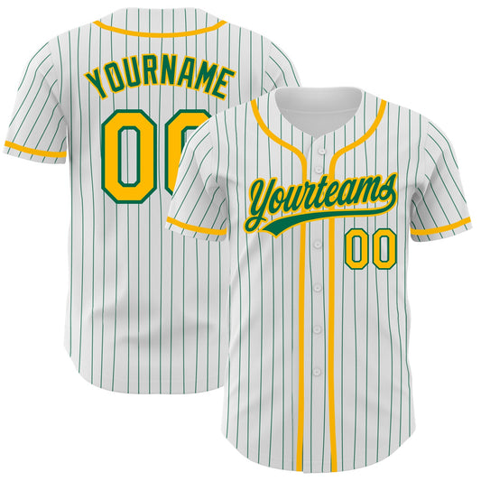 Custom White Kelly Green Pinstripe Gold Authentic Baseball Jersey - Sky-Custom