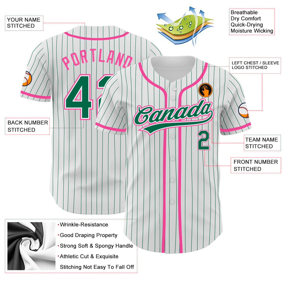 Custom White Kelly Green Pinstripe Kelly Green-Pink Authentic Baseball Jersey - Sky-Custom
