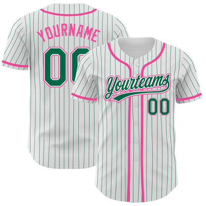 Custom White Kelly Green Pinstripe Kelly Green-Pink Authentic Baseball Jersey - Sky-Custom