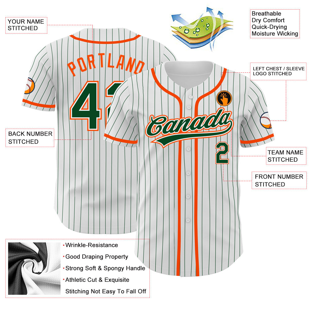 Custom White Green Pinstripe Green-Orange Authentic Baseball Jersey - Sky-Custom