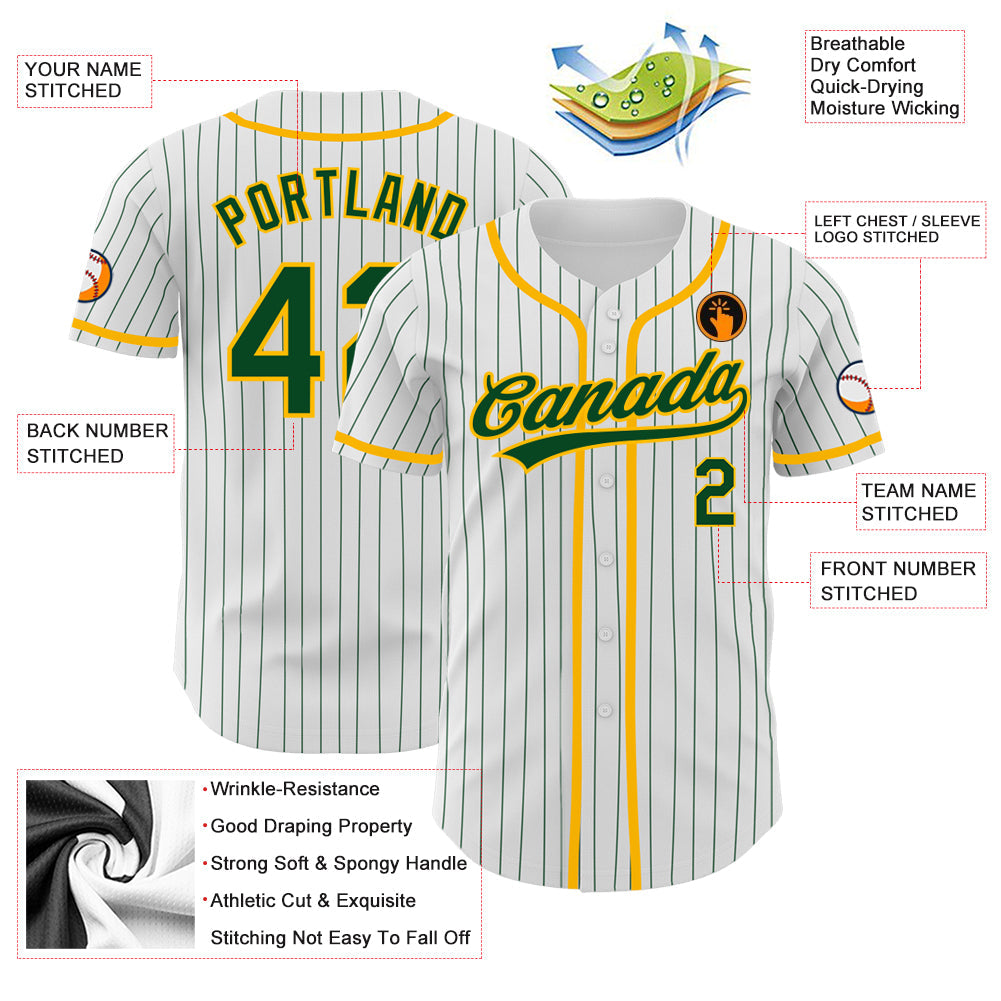 Custom White Green Pinstripe Green-Gold Authentic Baseball Jersey - Sky-Custom