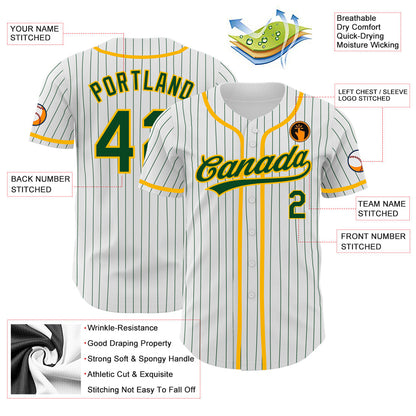 Custom White Green Pinstripe Green-Gold Authentic Baseball Jersey - Sky-Custom