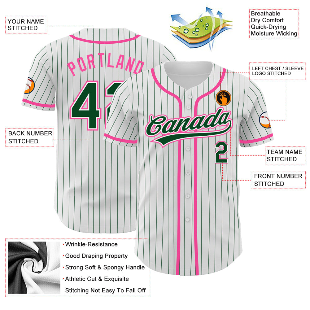 Custom White Green Pinstripe Green-Pink Authentic Baseball Jersey - Sky-Custom