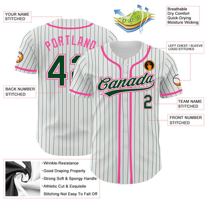 Custom White Green Pinstripe Green-Pink Authentic Baseball Jersey - Sky-Custom