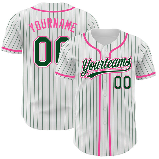 Custom White Green Pinstripe Green-Pink Authentic Baseball Jersey - Sky-Custom
