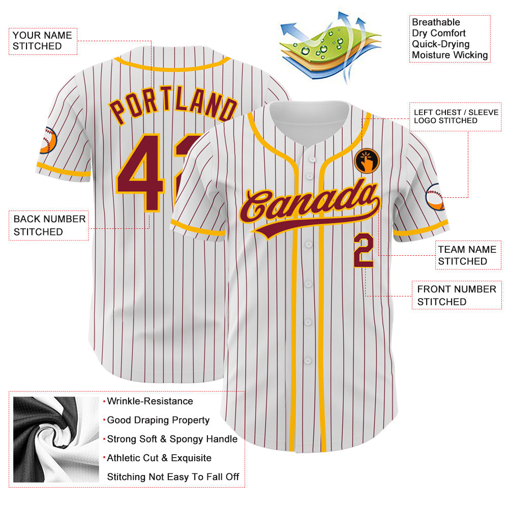 Custom White Crimson Pinstripe Crimson-Gold Authentic Baseball Jersey - Sky-Custom