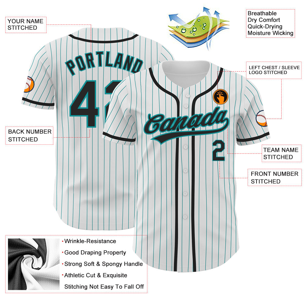 Custom White Teal Pinstripe Black Authentic Baseball Jersey - Sky-Custom