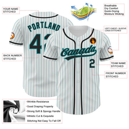 Custom White Teal Pinstripe Black Authentic Baseball Jersey - Sky-Custom