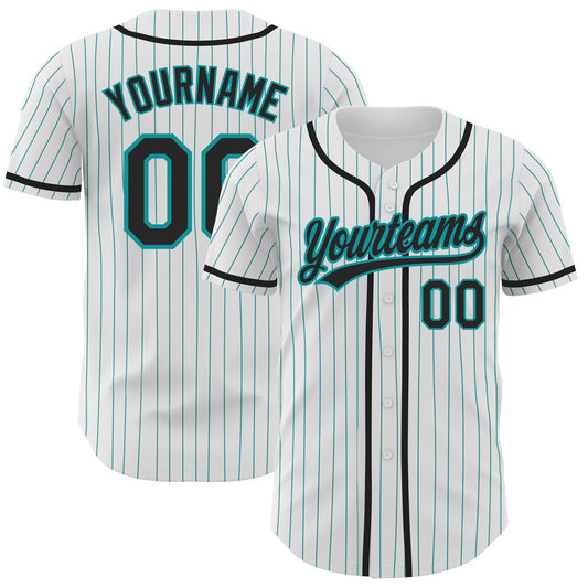 Custom White Teal Pinstripe Black Authentic Baseball Jersey - Sky-Custom