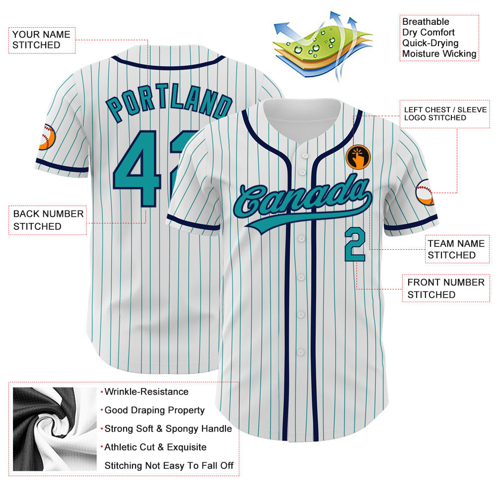 Custom White Teal Pinstripe Teal-Navy Authentic Baseball Jersey - Sky-Custom