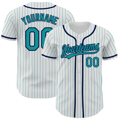 Custom White Teal Pinstripe Teal-Navy Authentic Baseball Jersey - Sky-Custom