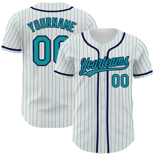 Custom White Teal Pinstripe Teal-Navy Authentic Baseball Jersey - Sky-Custom