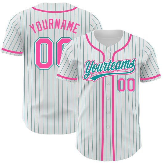 Custom White Teal Pinstripe Pink Authentic Baseball Jersey - Sky-Custom