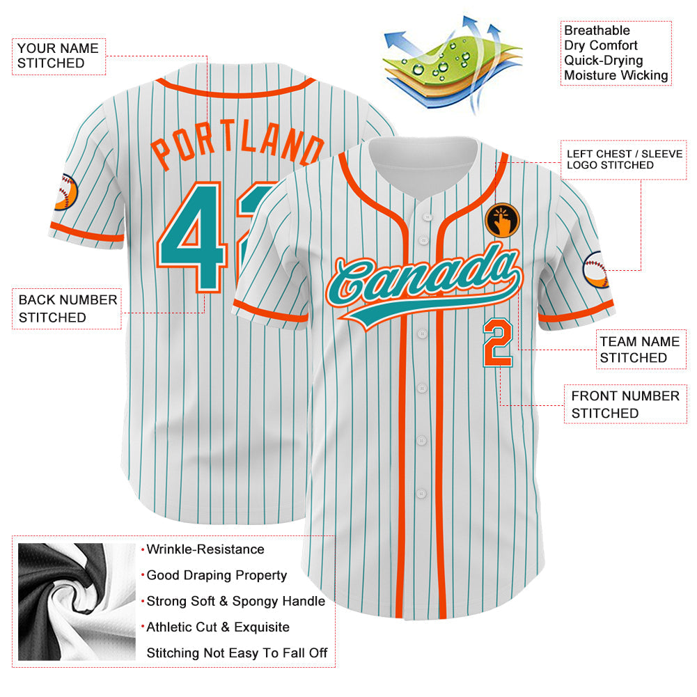 Custom White Teal Pinstripe Teal-Orange Authentic Baseball Jersey - Sky-Custom