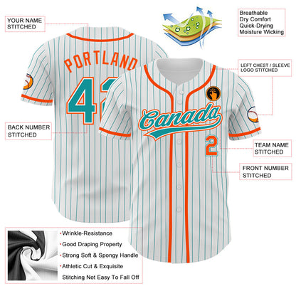 Custom White Teal Pinstripe Teal-Orange Authentic Baseball Jersey - Sky-Custom