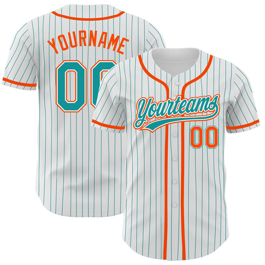 Custom White Teal Pinstripe Teal-Orange Authentic Baseball Jersey - Sky-Custom