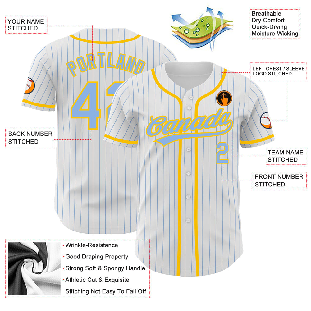Custom White Light Blue Pinstripe Light Blue-Yellow Authentic Baseball Jersey - Sky-Custom
