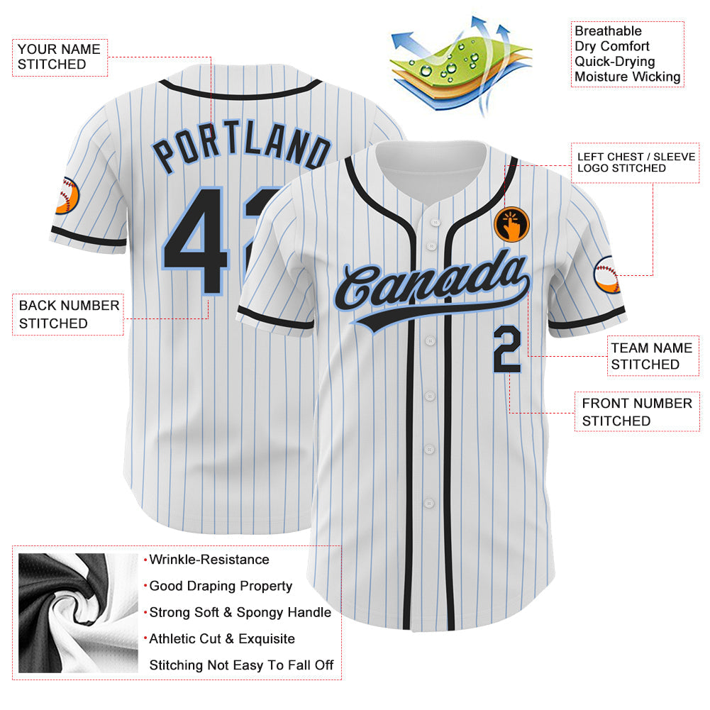 Custom White Light Blue Pinstripe Black Authentic Baseball Jersey - Sky-Custom