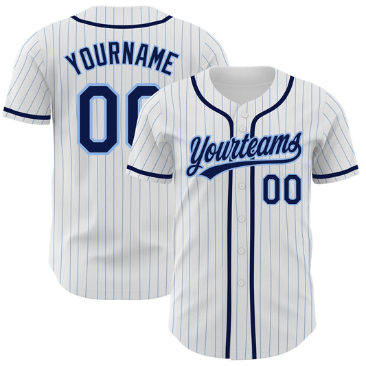 Custom White Light Blue Pinstripe Navy Authentic Baseball Jersey - Sky-Custom