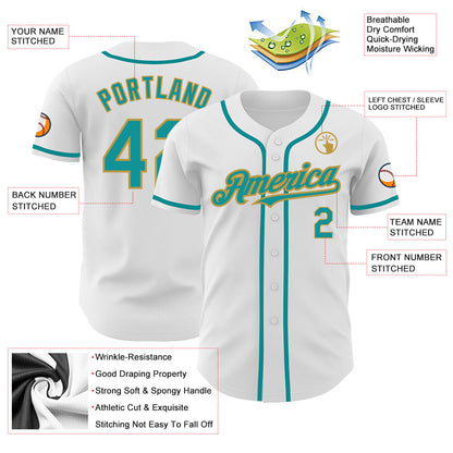 Custom White Teal-Old Gold Authentic Baseball Jersey - Sky-Custom
