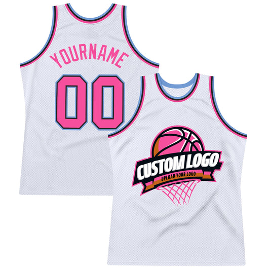 Custom White Pink Black-Light Blue Authentic Throwback Basketball Jersey - Sky-Custom