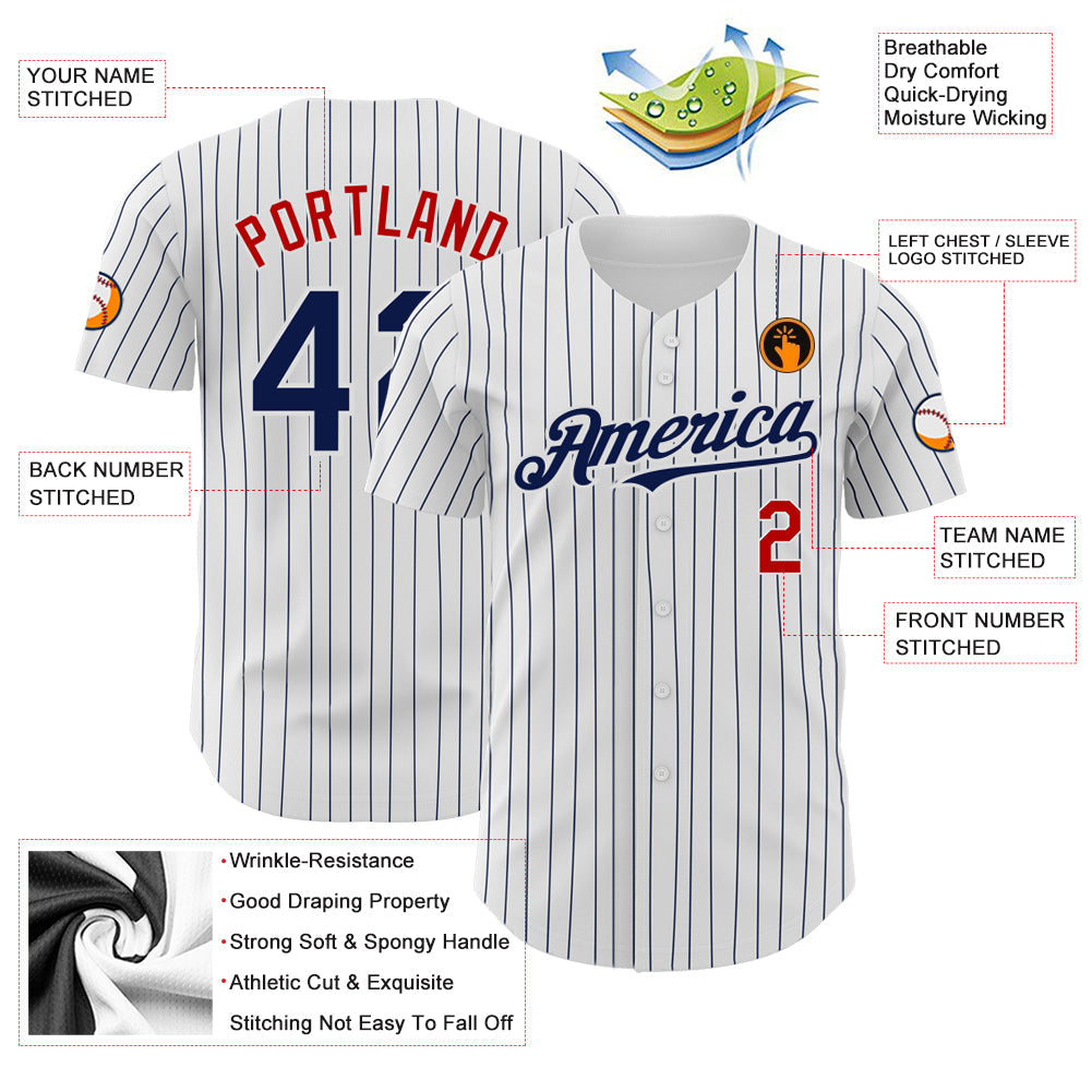 Custom White Navy Pinstripe Red Authentic Baseball Jersey - Sky-Custom
