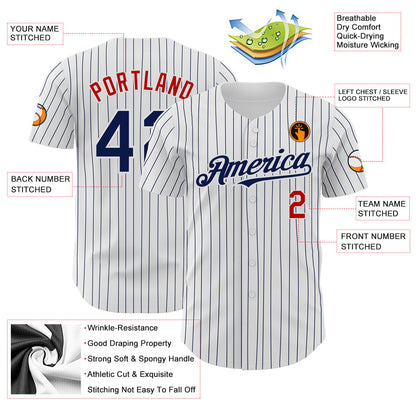 Custom White Navy Pinstripe Red Authentic Baseball Jersey - Sky-Custom