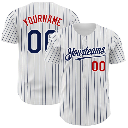 Custom White Navy Pinstripe Red Authentic Baseball Jersey - Sky-Custom