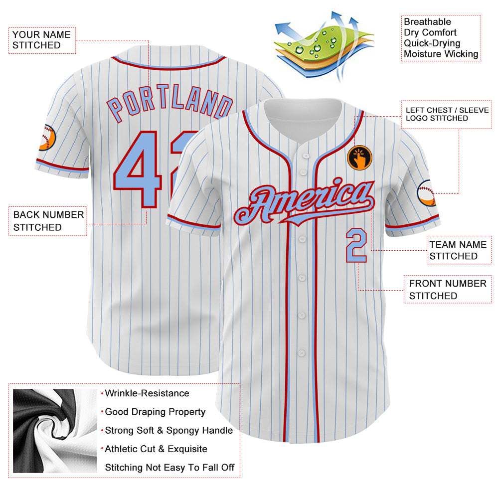 Custom White Light Blue Pinstripe Red Authentic Baseball Jersey - Sky-Custom