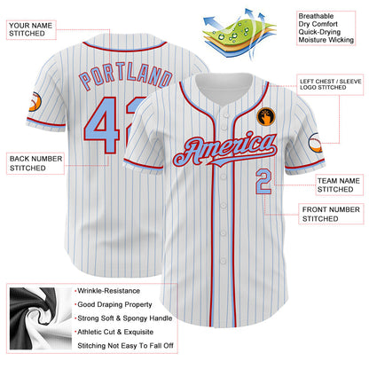 Custom White Light Blue Pinstripe Red Authentic Baseball Jersey - Sky-Custom