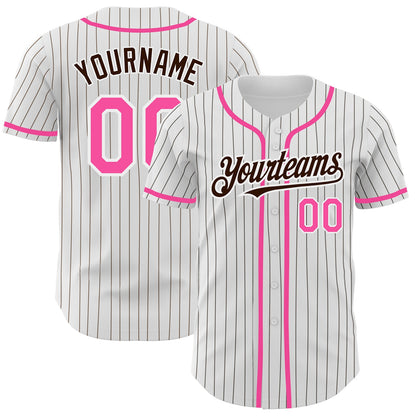 Custom White Brown Pinstripe Pink Authentic Baseball Jersey - Sky-Custom