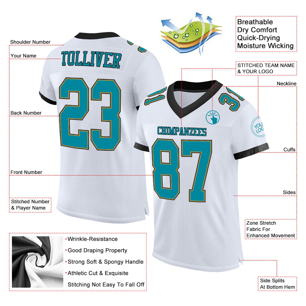 Custom White Teal Old Gold-Black Mesh Authentic Football Jersey - Sky-Custom