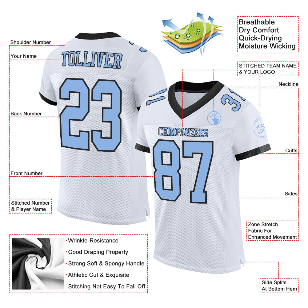 Custom White Light Blue-Black Mesh Authentic Football Jersey - Sky-Custom