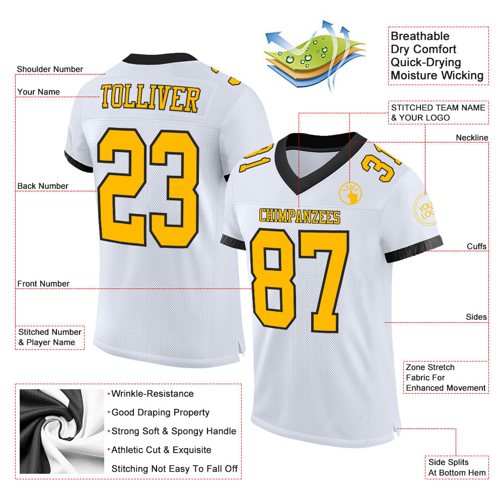 Custom White Gold-Black Mesh Authentic Football Jersey - Sky-Custom