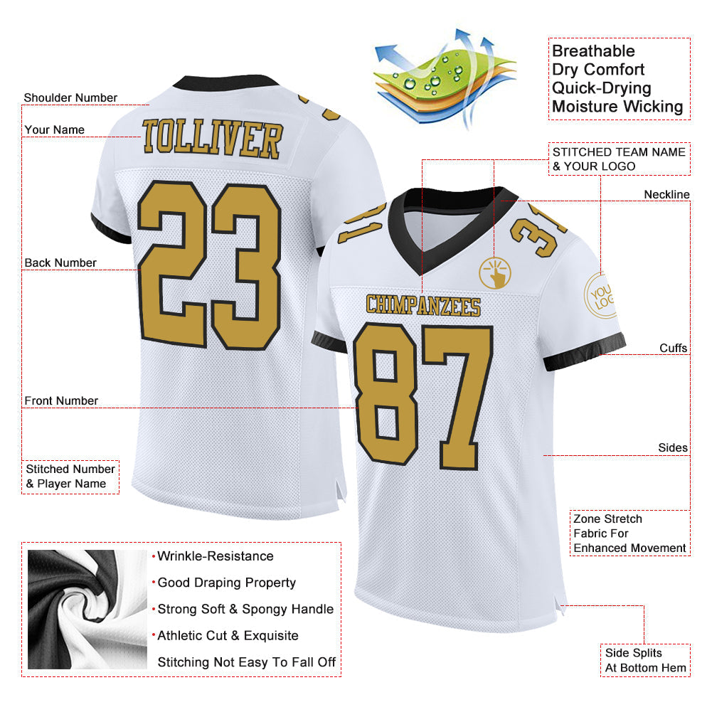 Custom White Old Gold-Black Mesh Authentic Football Jersey - Sky-Custom