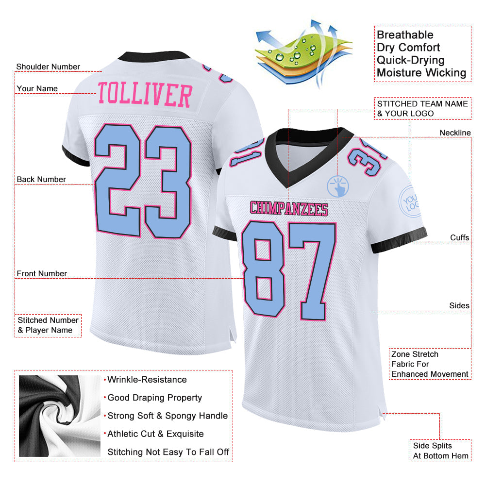 Custom White Light Blue Black-Pink Mesh Authentic Football Jersey - Sky-Custom