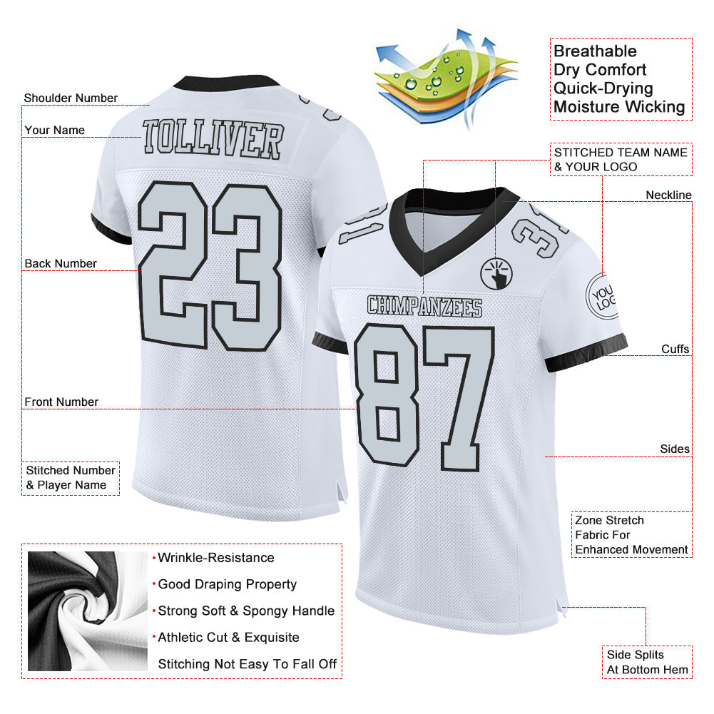 Custom White Silver-Black Mesh Authentic Football Jersey - Sky-Custom