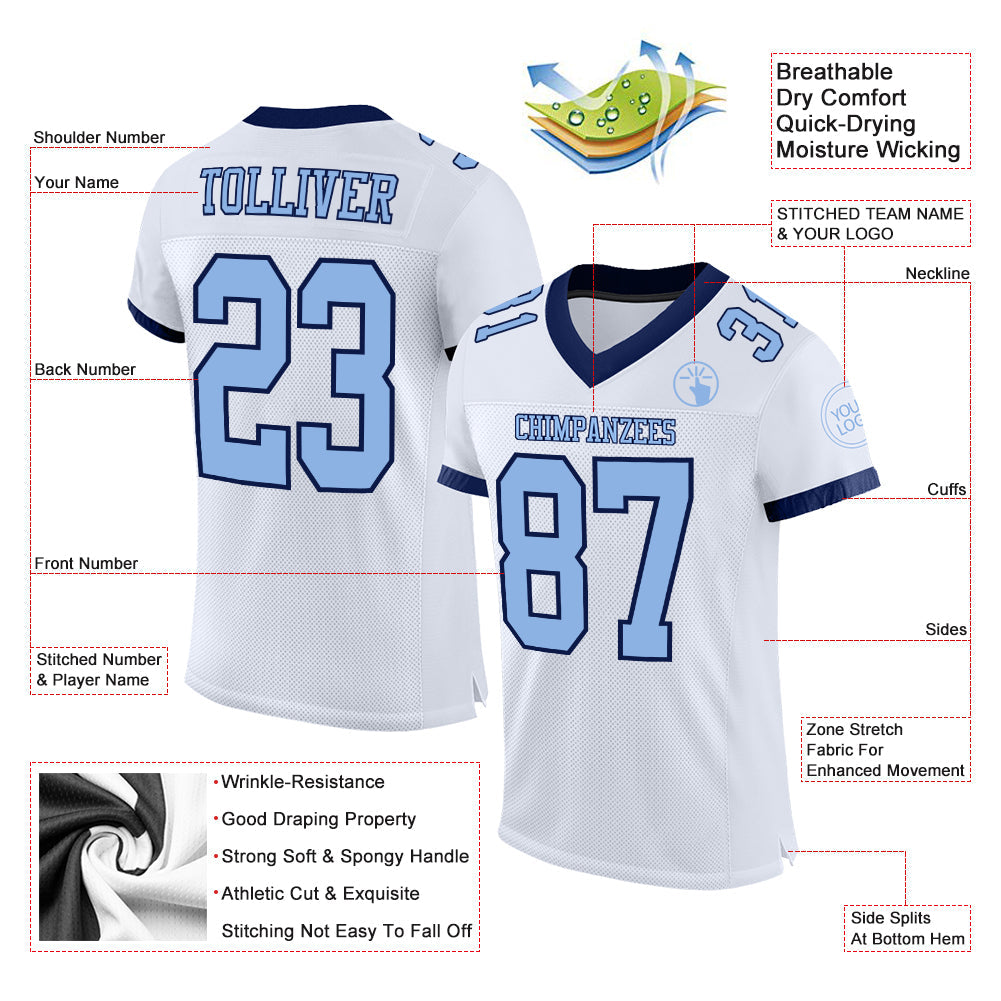 Custom White Light Blue-Navy Mesh Authentic Football Jersey - Sky-Custom