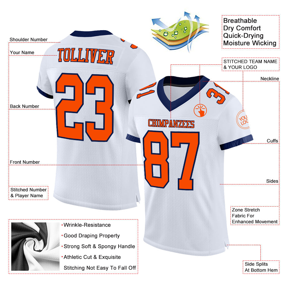 Custom White Orange-Navy Mesh Authentic Football Jersey - Sky-Custom