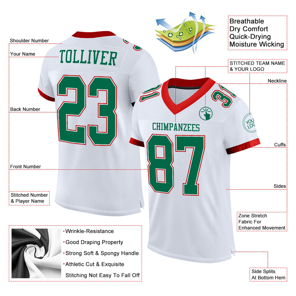 Custom White Kelly Green-Red Mesh Authentic Football Jersey - Sky-Custom