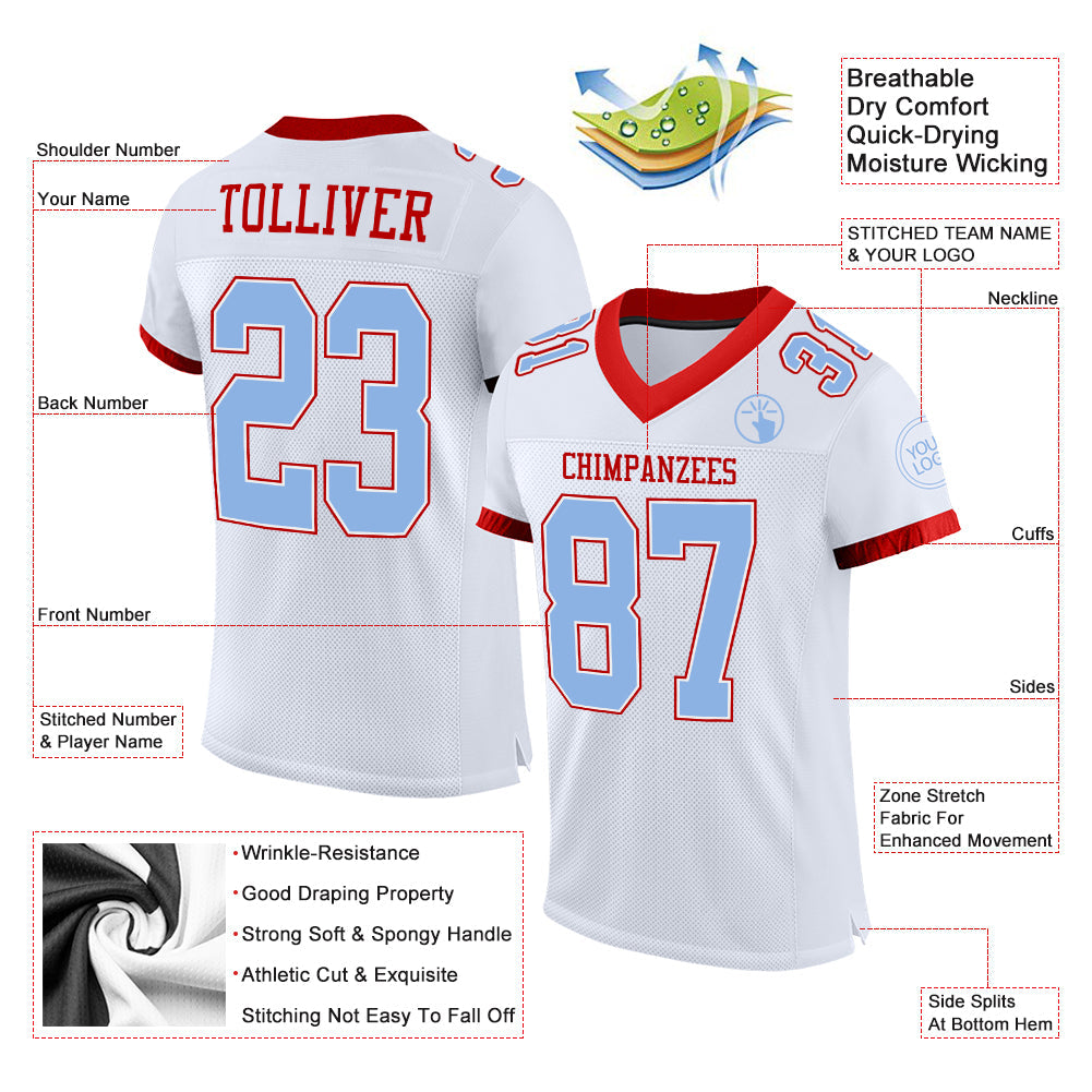 Custom White Light Blue-Red Mesh Authentic Football Jersey - Sky-Custom