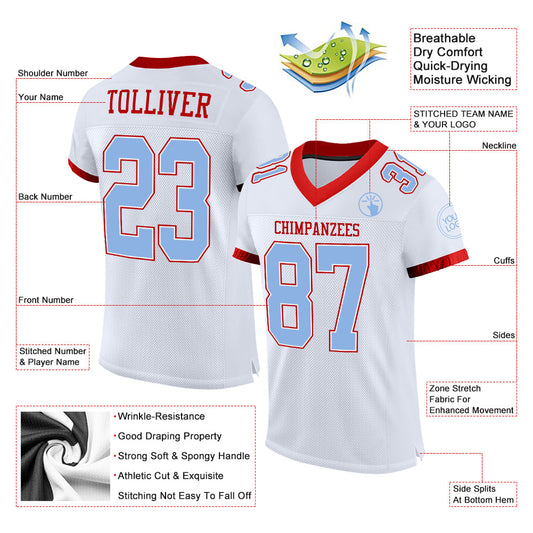 Custom White Light Blue-Red Mesh Authentic Football Jersey - Sky-Custom
